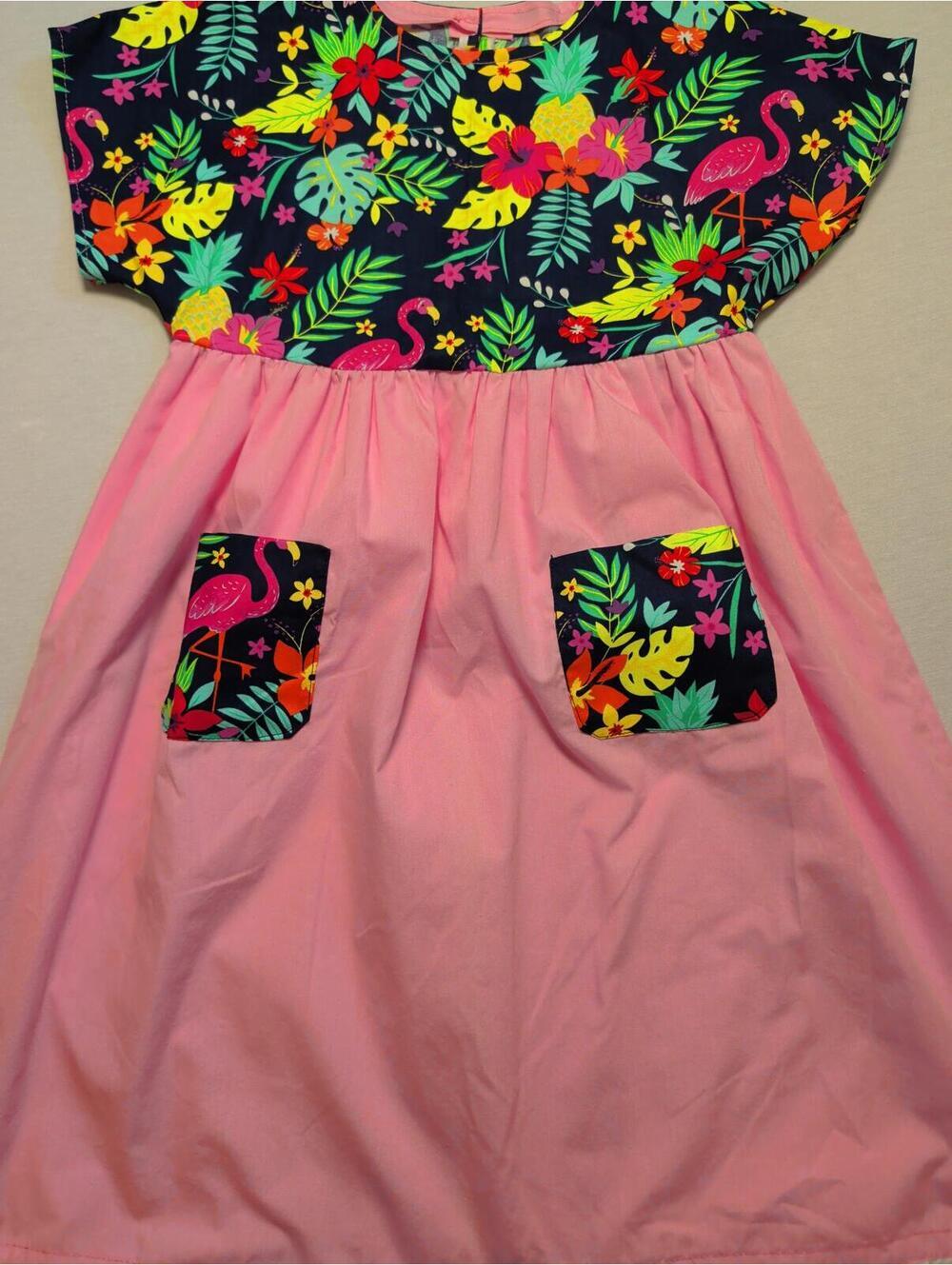 Handmade OOAK Cute Pink and Floral Kids Dress with Flamingo Pockets (8) Cotton